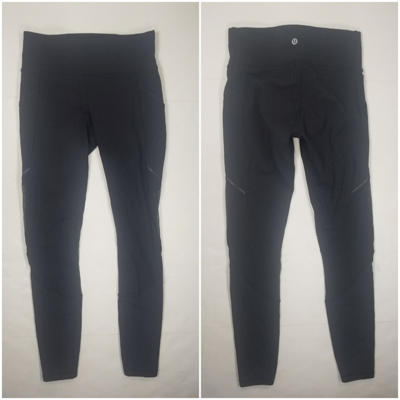 Lululemon Sz 4 Black Leggings 28" Miles Ahead Mesh Cutouts Tights W5ANQS - Picture 1 of 10